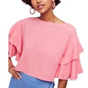 Anthropologie Lilka Womens Lora Blouse Size S Pink Cropped Ruffle Tiered Sleeve